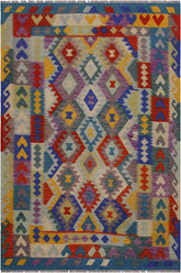 Flat Weave Kilim Antique Navaho Vintage handmade Geometric Kilim Ivory Blue Hand-Woven Rectangle 100% Wool Area Rug 5x6