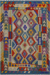 Flat Weave Kilim Antique Navaho Vintage handmade Geometric Kilim Ivory Blue Hand-Woven Rectangle 100% Wool Area Rug 5x6