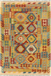 Flat Weave Kilim Antique Navaho Vintage handmade Geometric Kilim Ivory Red Hand-Woven Rectangle 100% Wool Area Rug 5x7
