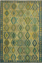 Flat Weave Kilim Antique Navaho Vintage handmade Geometric Kilim Blue Tan Hand-Woven Rectangle 100% Wool Area Rug 8x11