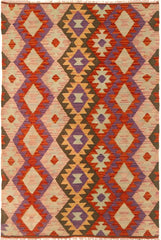 Flat Weave Kilim Antique Navaho Vintage handmade Modern Kilim Red Pink Hand-Woven Rectangle 100% Wool Area Rug 3x5