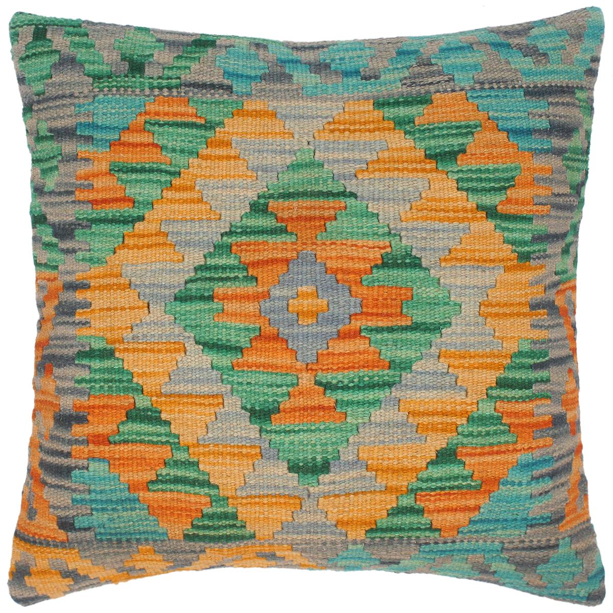 17x18 hand woven kilim throw pillow in orange, green and gold - Geometric Turkish Kathryne