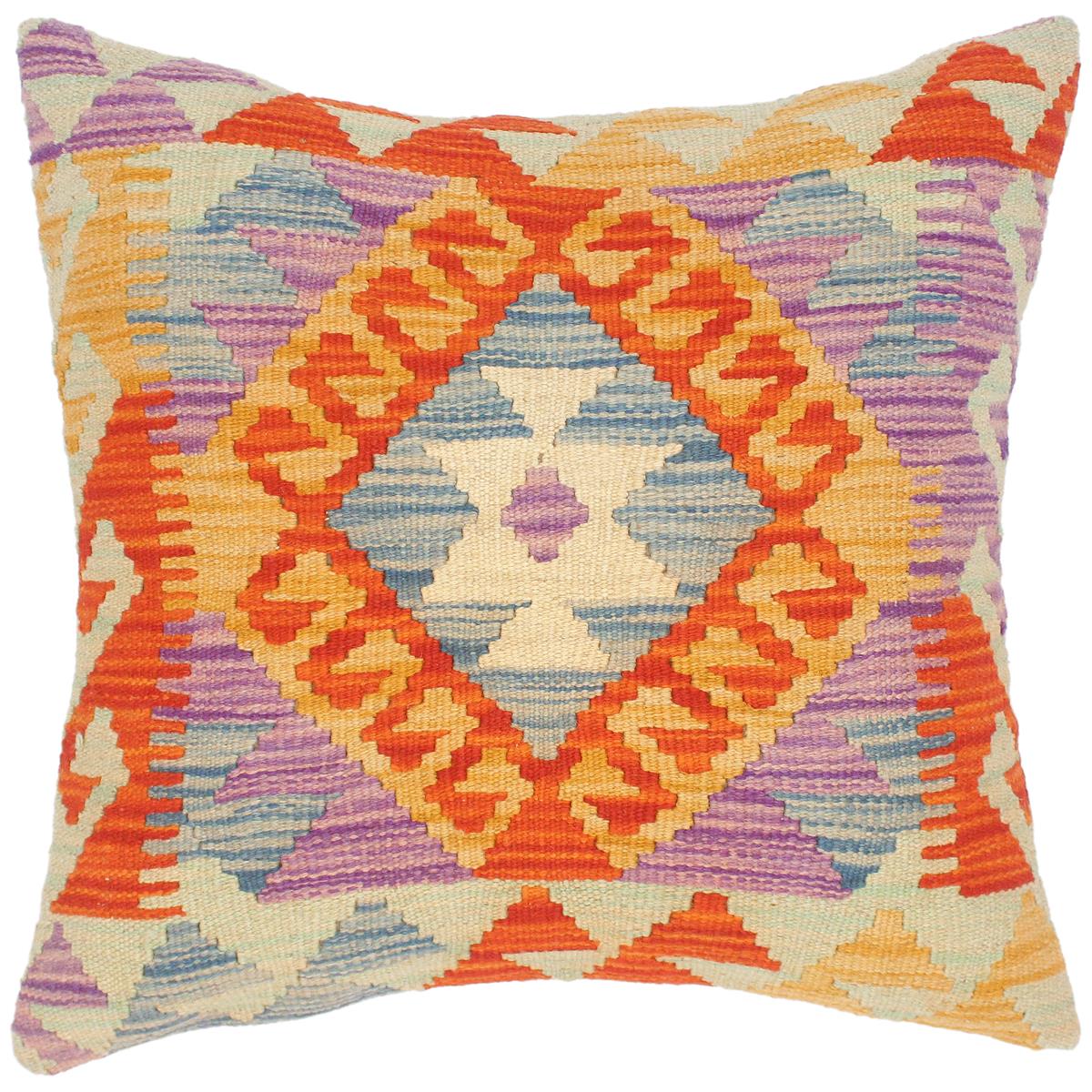 20x20 hand woven kilim throw pillow in rust, gold and blue - Bohemian Turkish Lesa