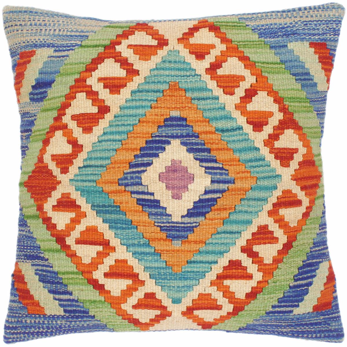 18x18 hand woven kilim throw pillow in blue, rust and green - Rustic Turkish Kathline