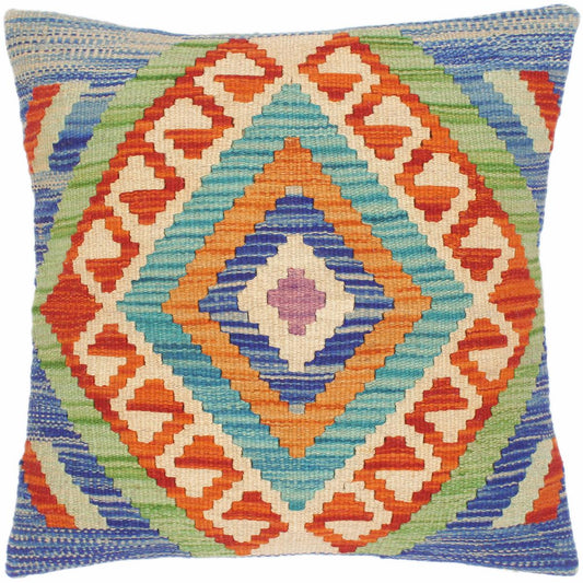 handmade Traditional Pillow Blue Rust Hand-Woven SQUARE 100% WOOL kilim throw pillow