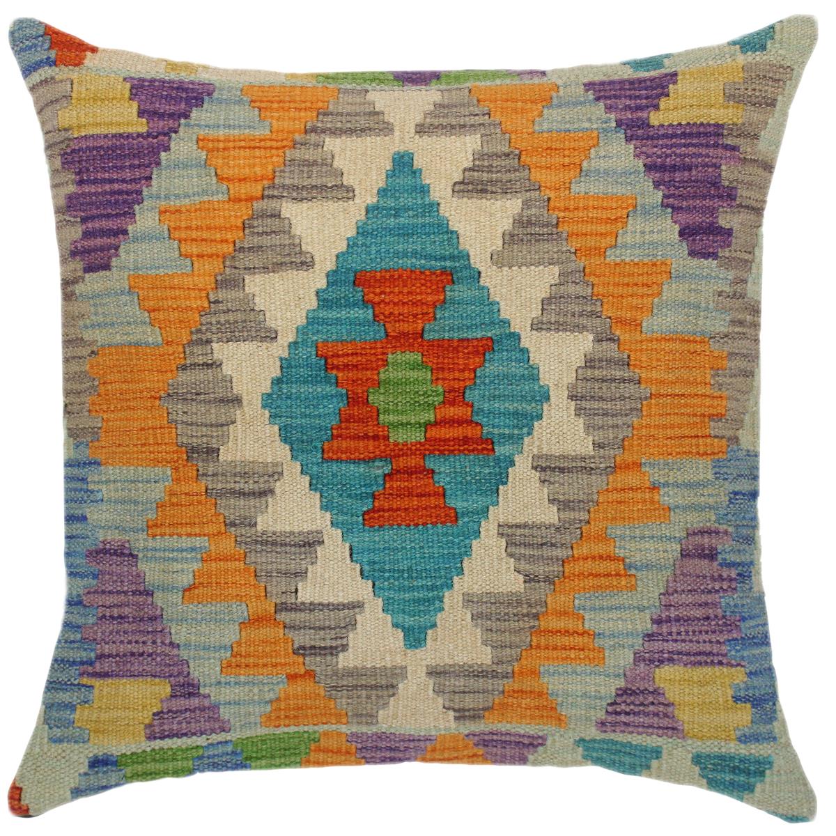 18x18 hand woven kilim throw pillow in rust, blue and beige - Bohemian Turkish Vicki