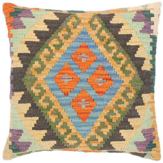 handmade Traditional Pillow Blue Gold Hand-Woven SQUARE 100% WOOL kilim throw pillow