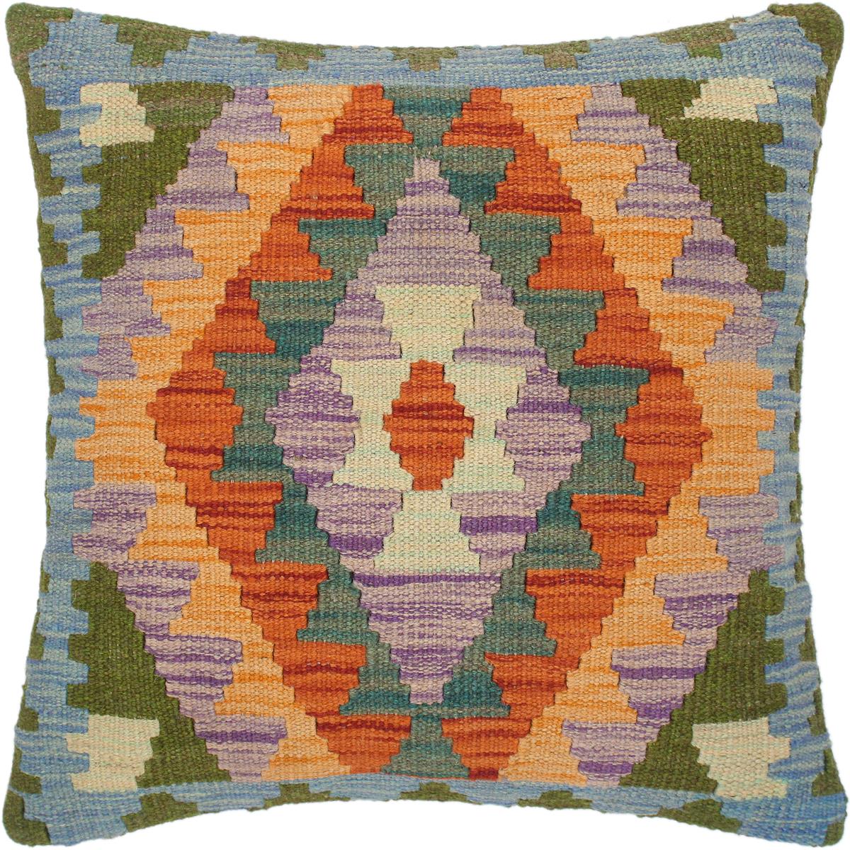 18x18 hand woven kilim throw pillow in rust, blue and green - Rustic Turkish Chrystal