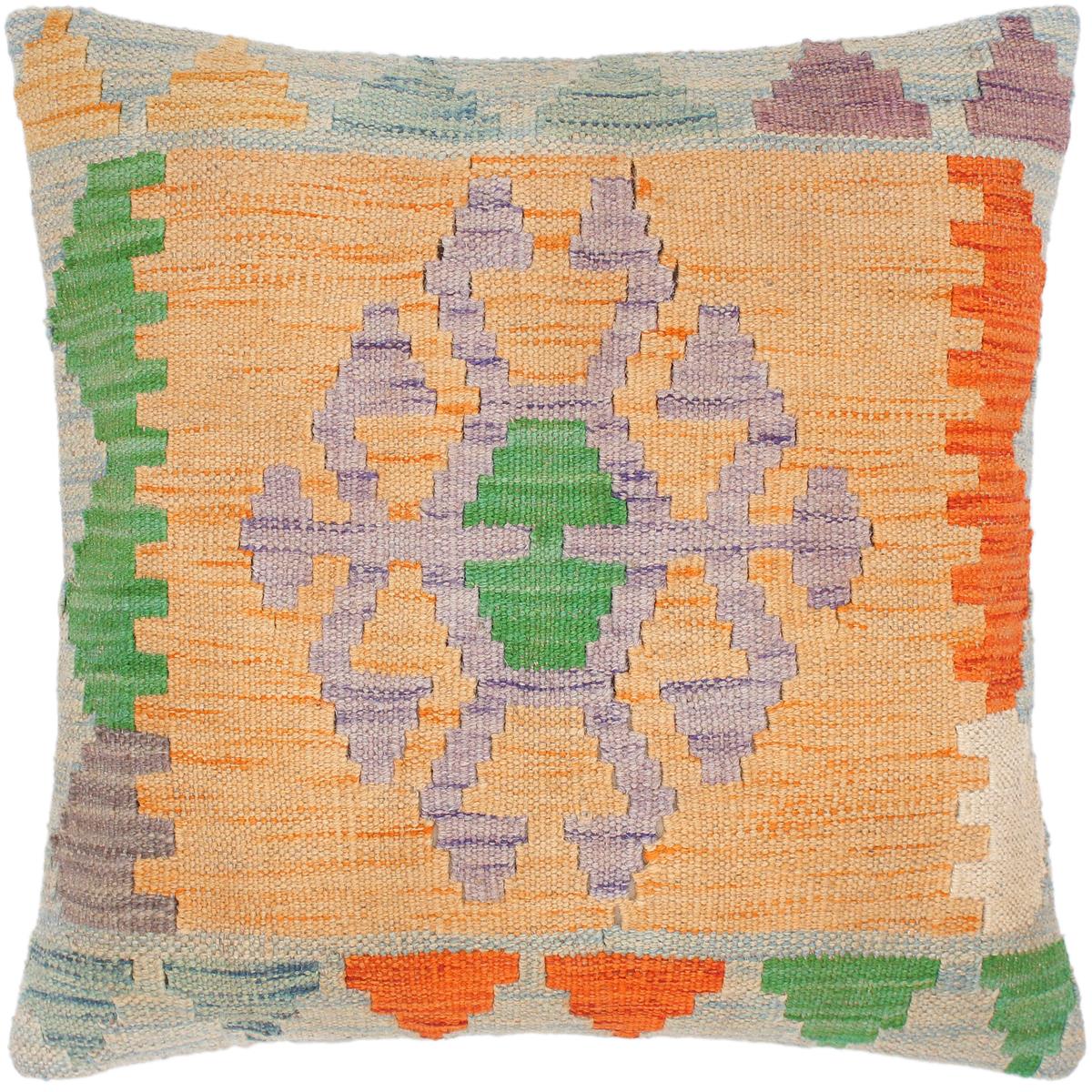 18x18 hand woven kilim throw pillow in orange, blue and green - Modern Turkish Denis