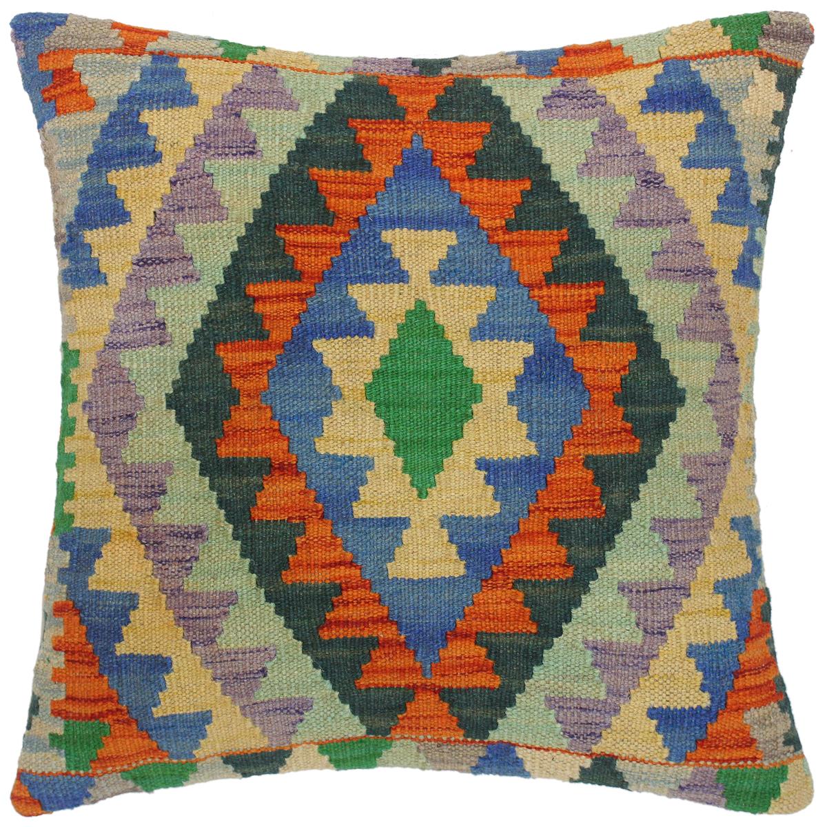 18x18 hand woven kilim throw pillow in rust, blue and yellow - Southwestern Turkish Octavio