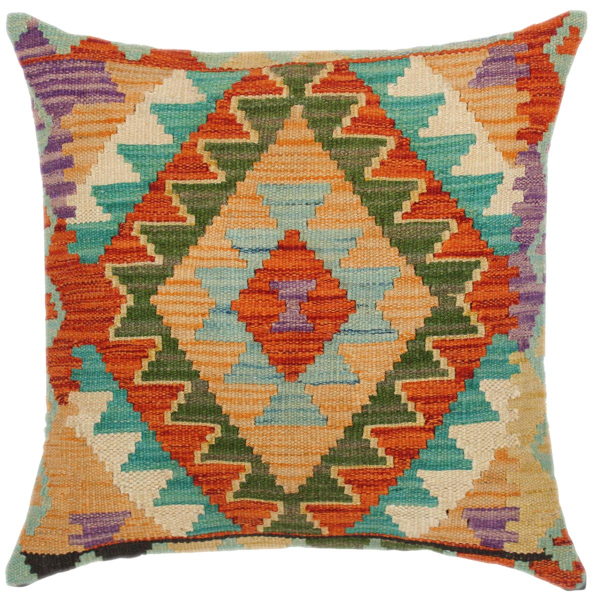 18x18 hand woven kilim throw pillow in rust, blue and green - Rustic Turkish Annabel