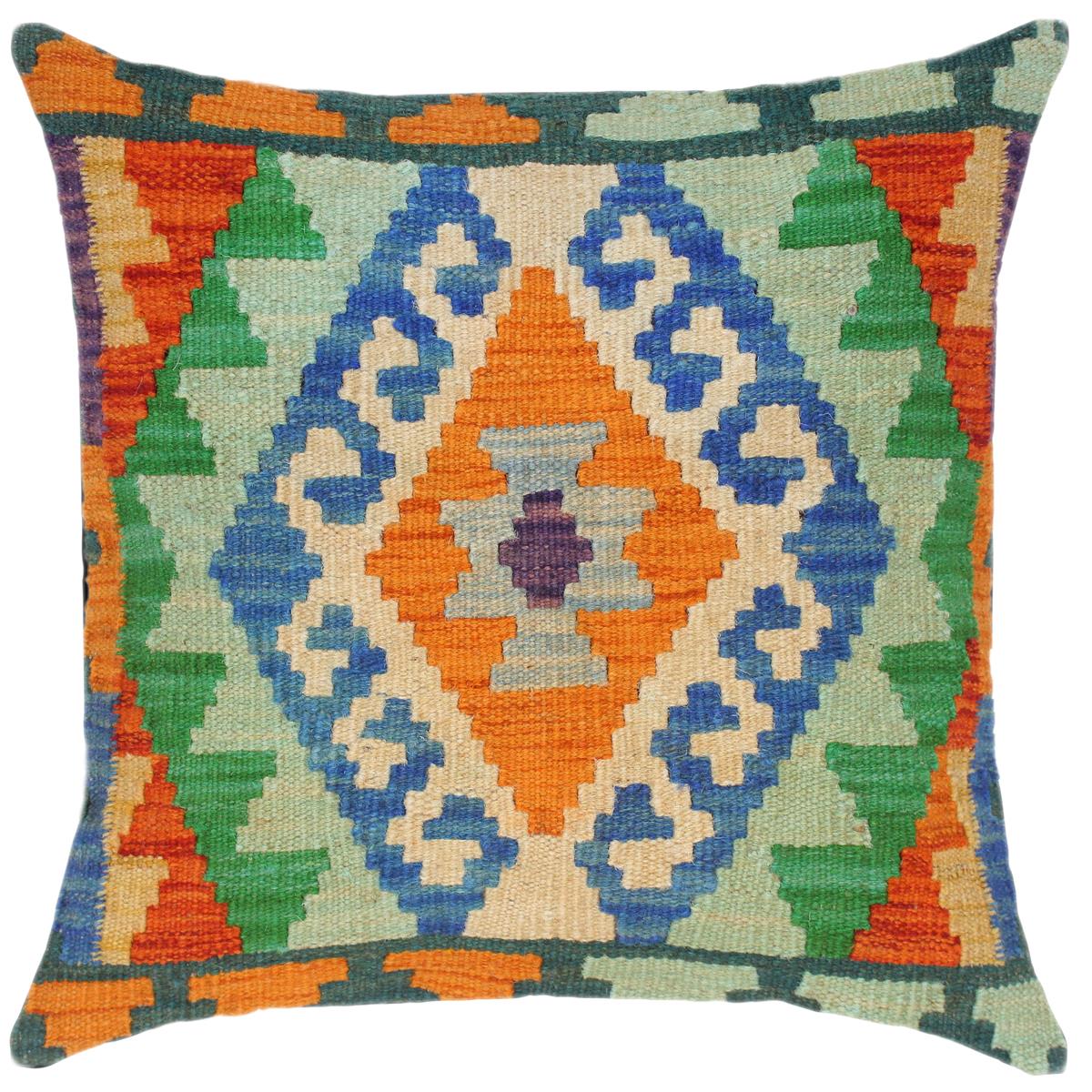 18x18 hand woven kilim throw pillow in blue, rust and beige - Bohemian Turkish Meaghan