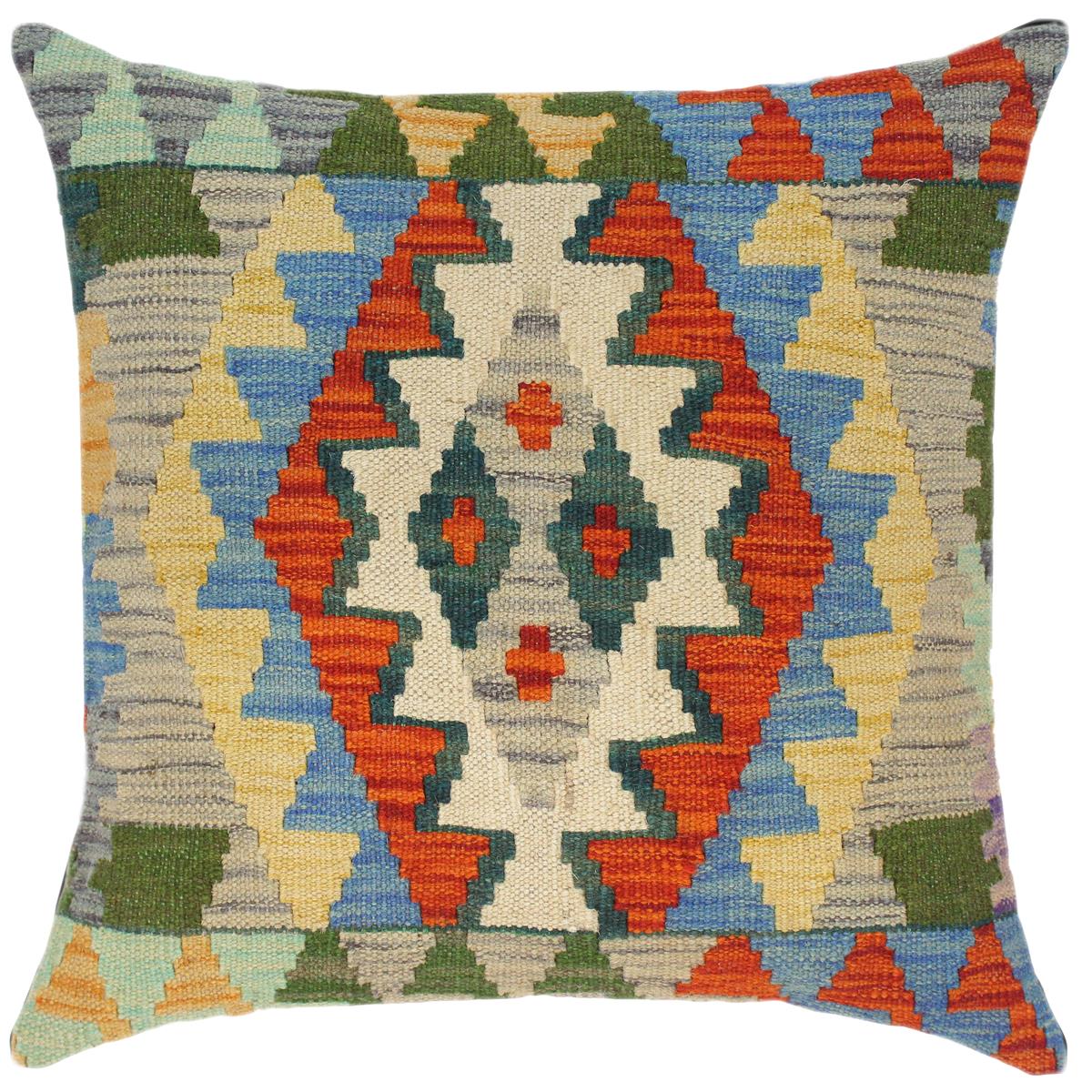 18x18 hand woven kilim throw pillow in rust, blue and gold - Modern Turkish See