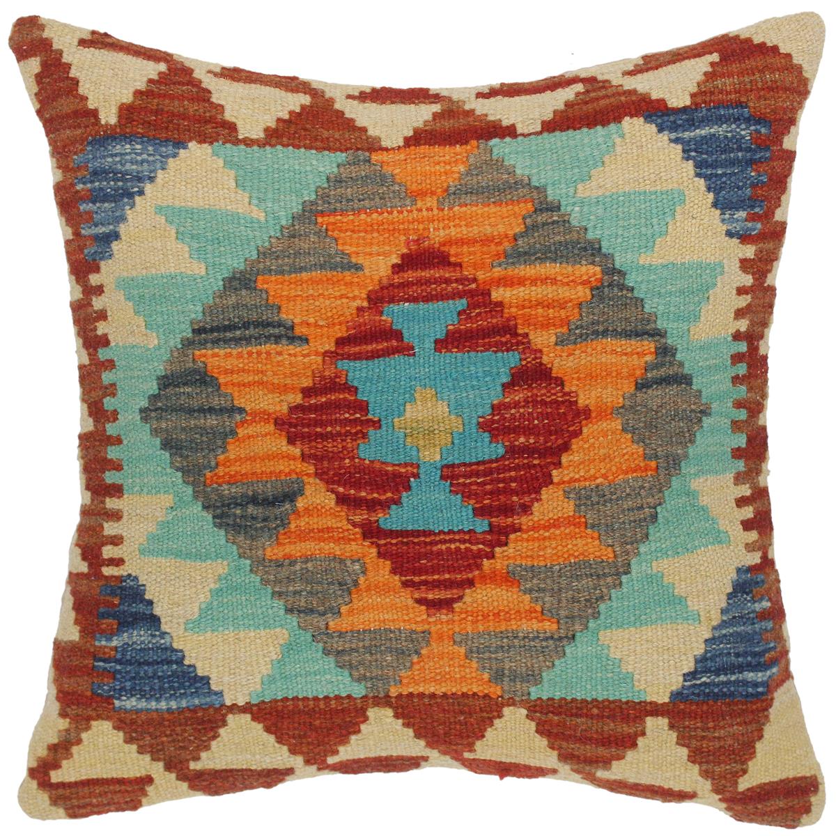 18x18 hand woven kilim throw pillow in blue, rust and gray - Geometric Turkish Velma