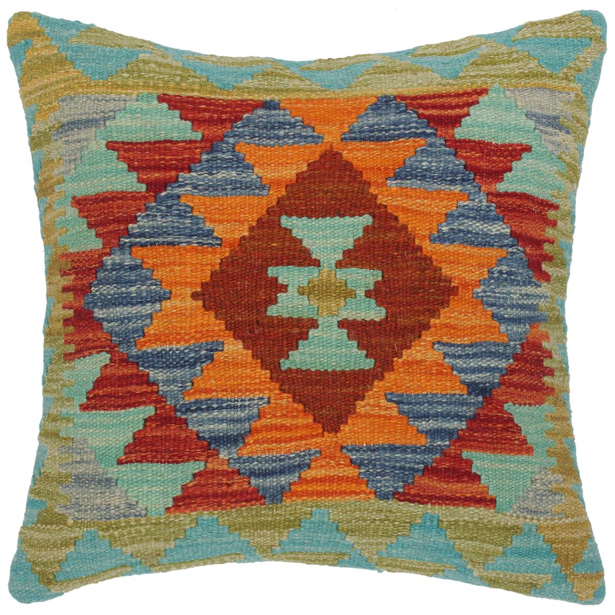 17x18 hand woven kilim throw pillow in blue, rust and green - Shabby Chic Turkish Elane