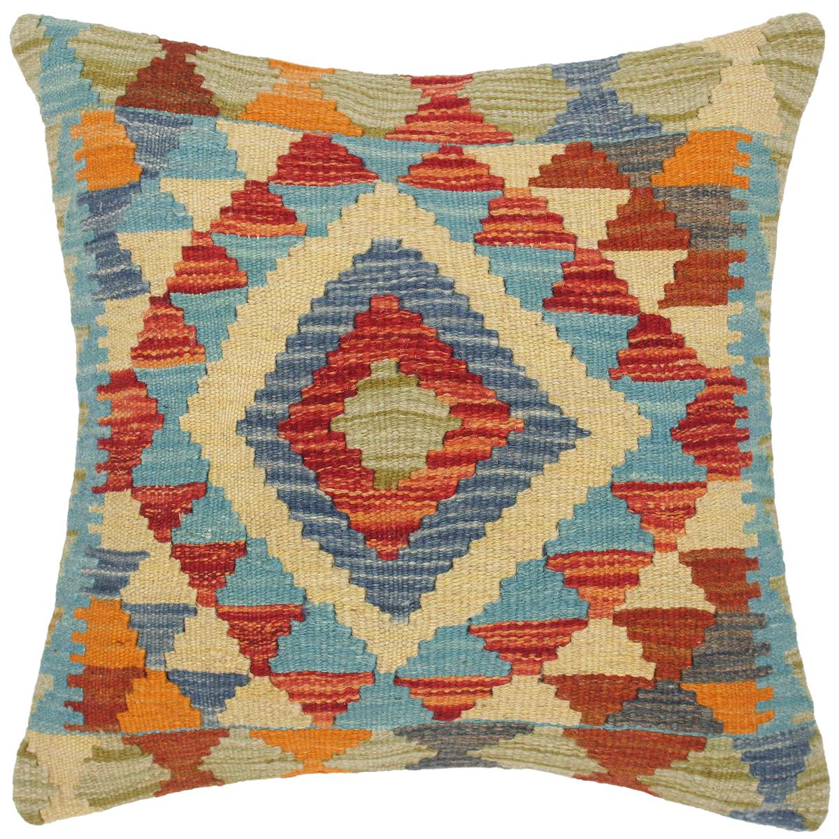 18x18 hand woven kilim throw pillow in rust, blue and gold - Southwestern Turkish Elease