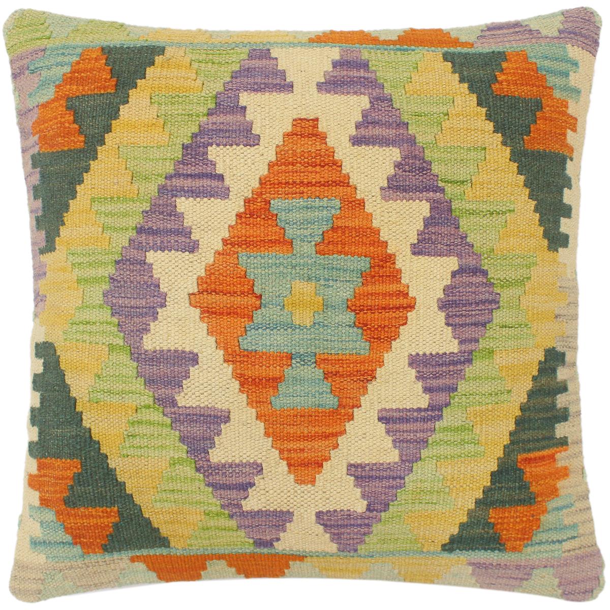 18x18 hand woven kilim throw pillow in rust, beige and blue - Boho Chic Turkish Forrest