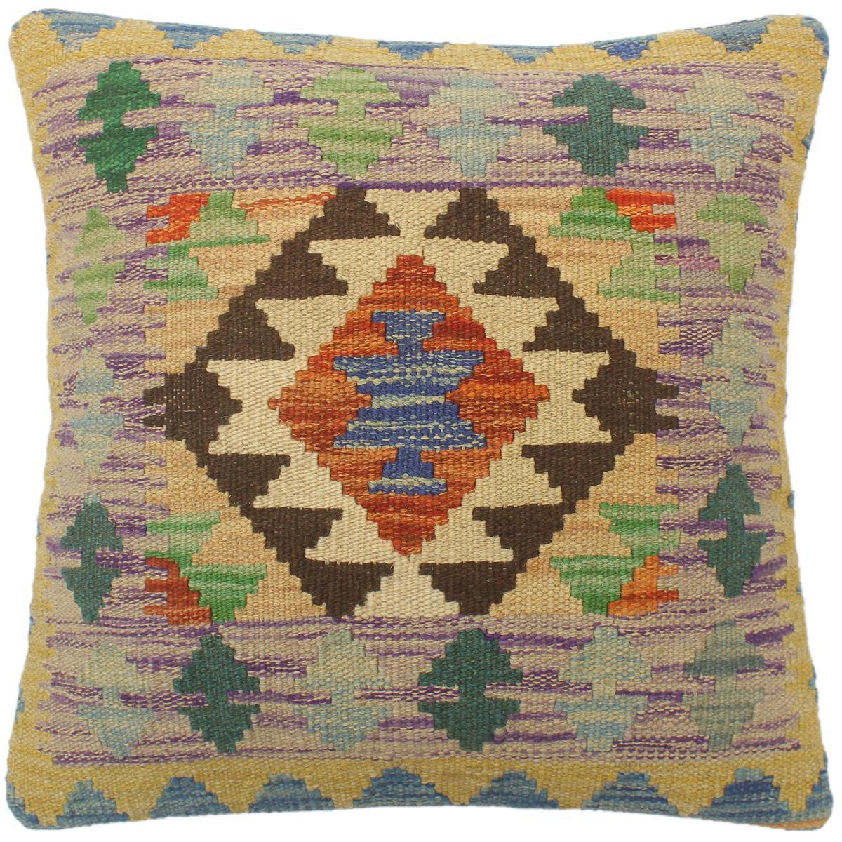18x18 hand woven kilim throw pillow in rust, blue and gray - Boho Chic Turkish Bain