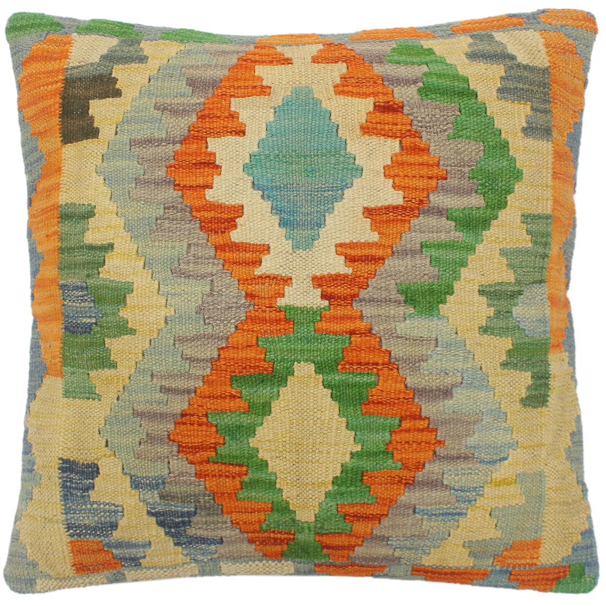 18x18 hand woven kilim throw pillow in rust, blue and beige - Tribal Turkish Azzopard