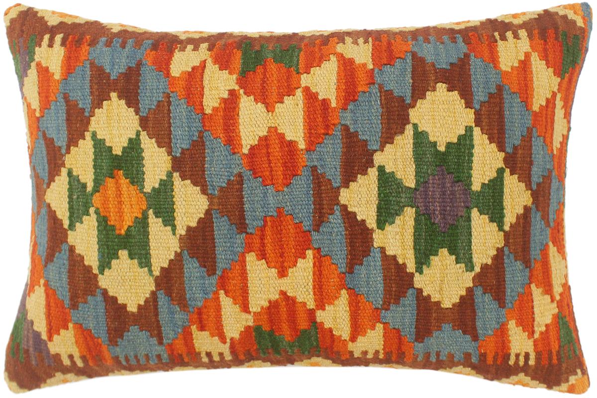 21x14 hand woven kilim lumbar pillow in rust, blue and gold - Turkish Bohemian Devine