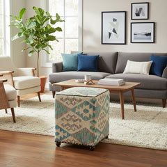 handmade Traditional Ottoman Beige Blue Hand-made SQUARE handmade ottoman pouf