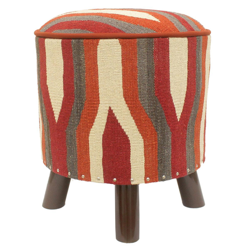 handmade Modern Ottoman Rust Red Hand-made ROUND Vegetable dyed wool and wood 17 x 17 x 19