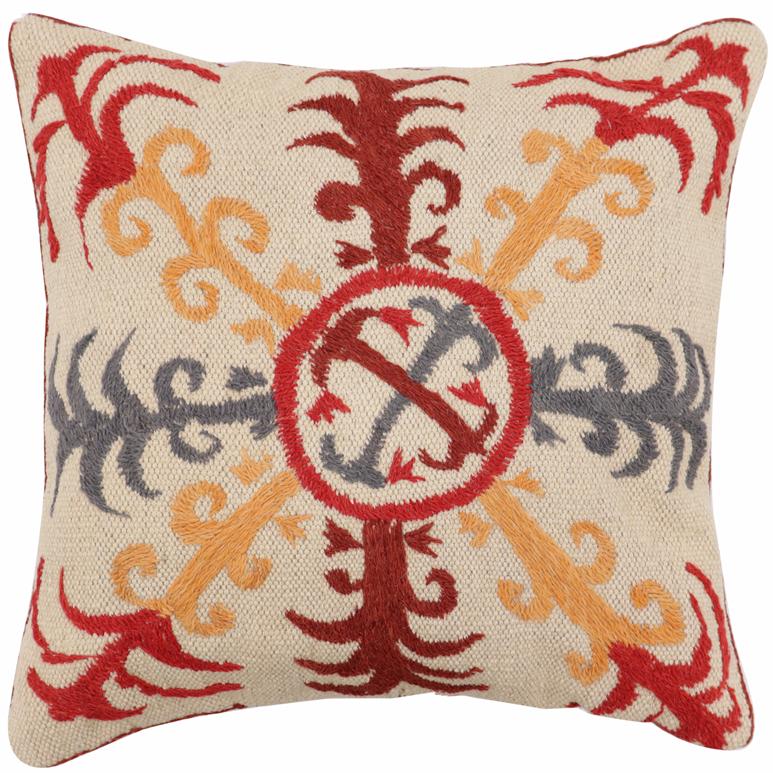 handmade Traditional Pillow Beige Red Hand-Woven SQUARE 100% WOOL Handmade pillow