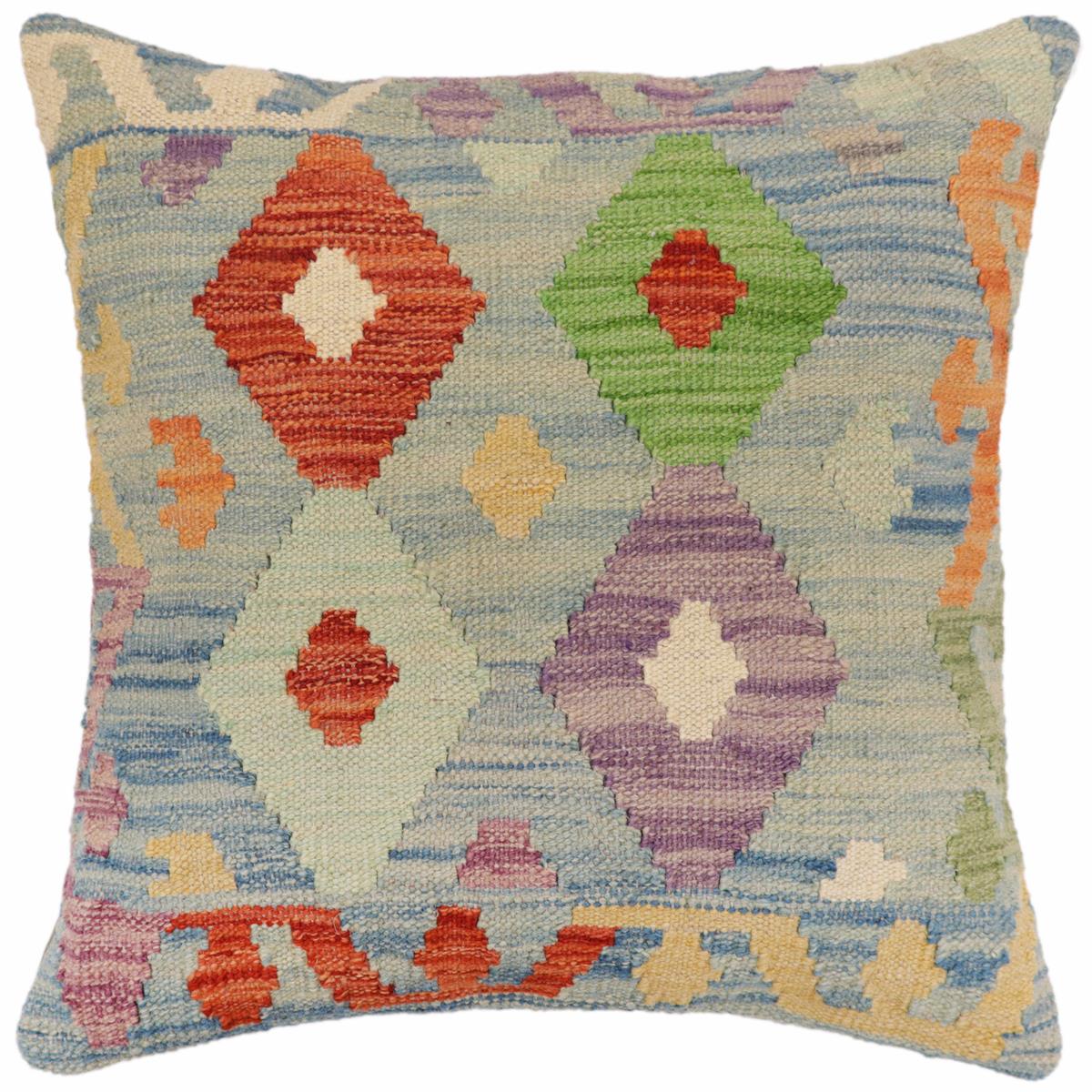 18x18 hand woven kilim throw pillow in blue, rust and beige - Southwestern Costa