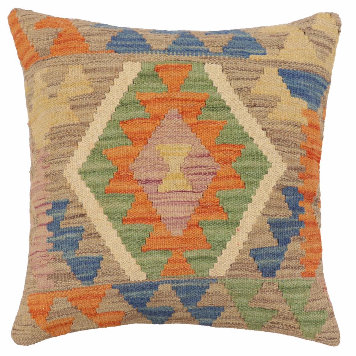 18x18 hand woven kilim throw pillow in blue, orange and beige - Southwestern Mcguire