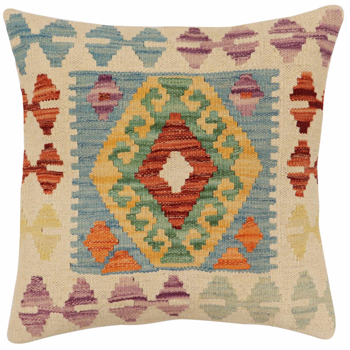 18x18 hand woven kilim throw pillow in blue, rust and beige - Tribal Meza