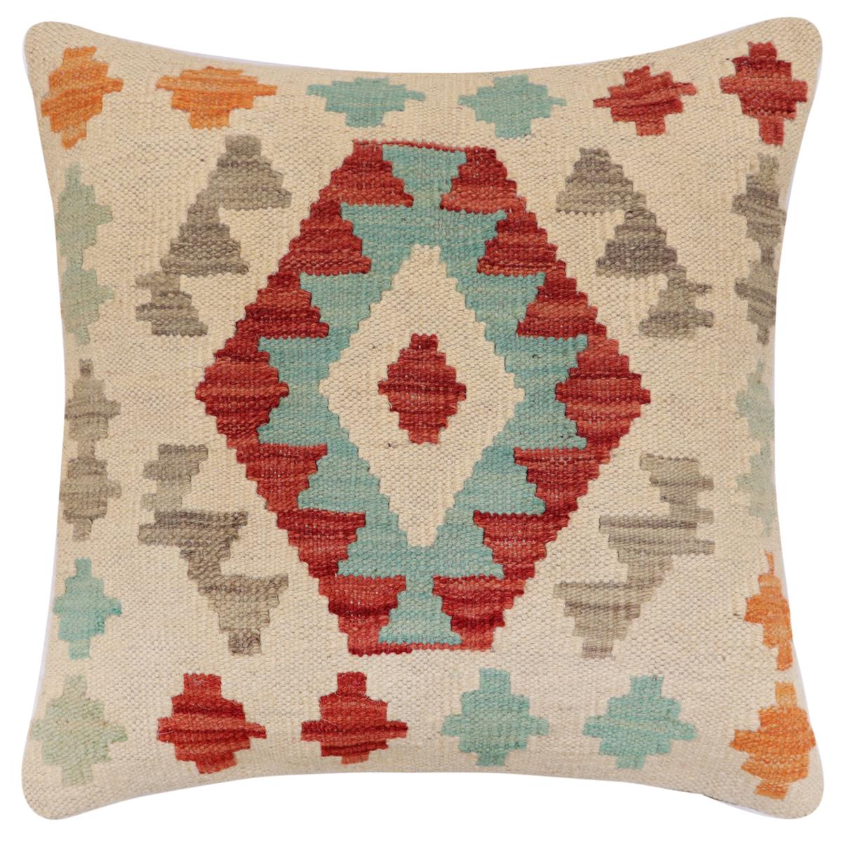 18x18 hand woven kilim throw pillow in beige, red and blue - Southwestern Ayala