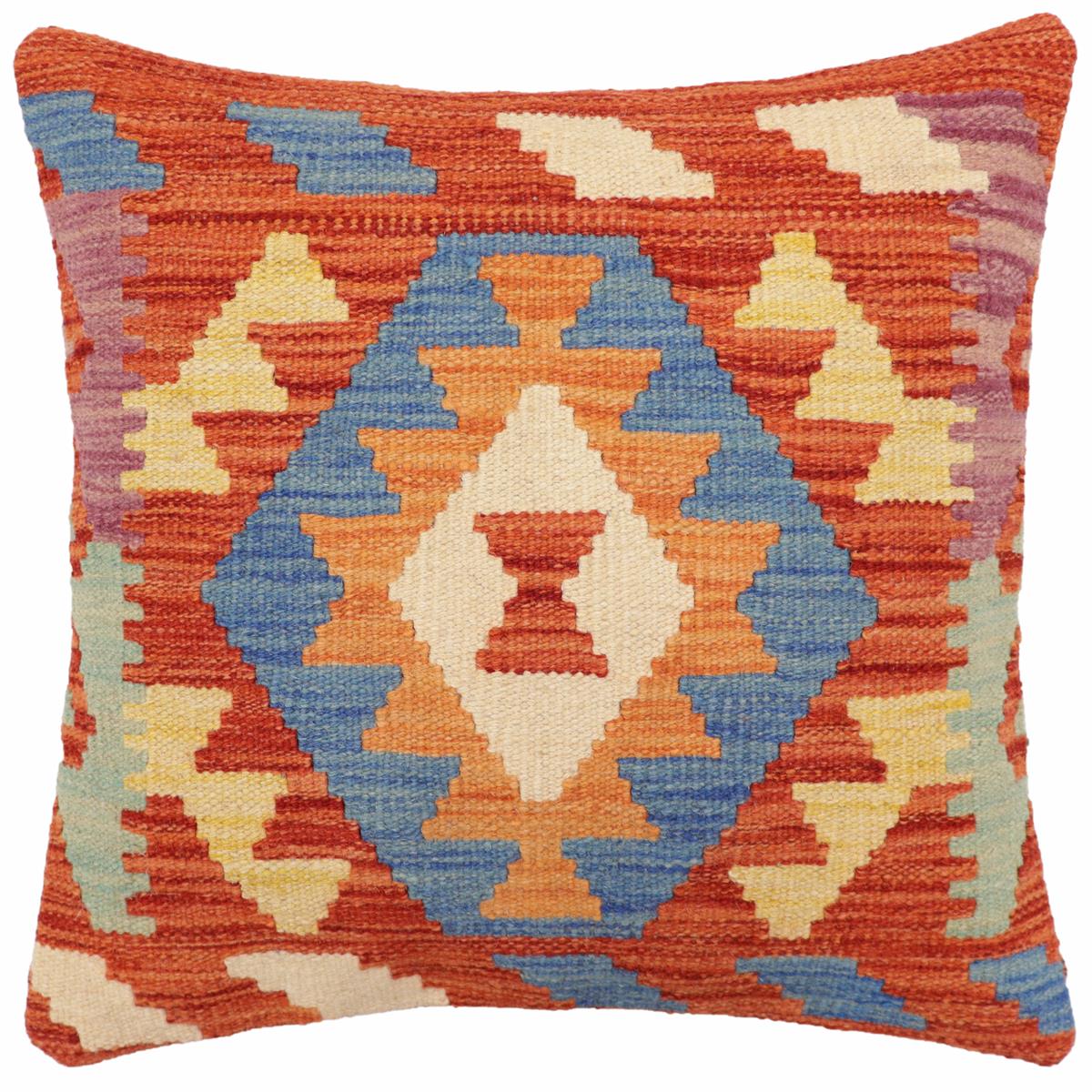 18x18 hand woven kilim throw pillow in rust, blue and beige - Tribal Liu