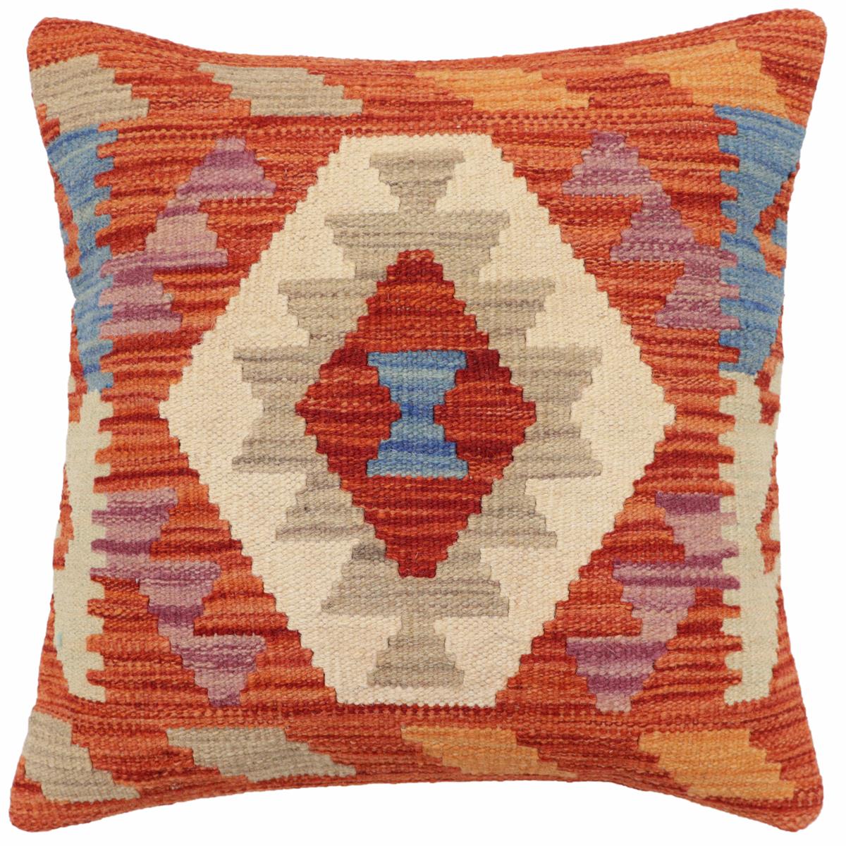 18x18 hand woven kilim throw pillow in rust, blue and beige - Southwestern Lester
