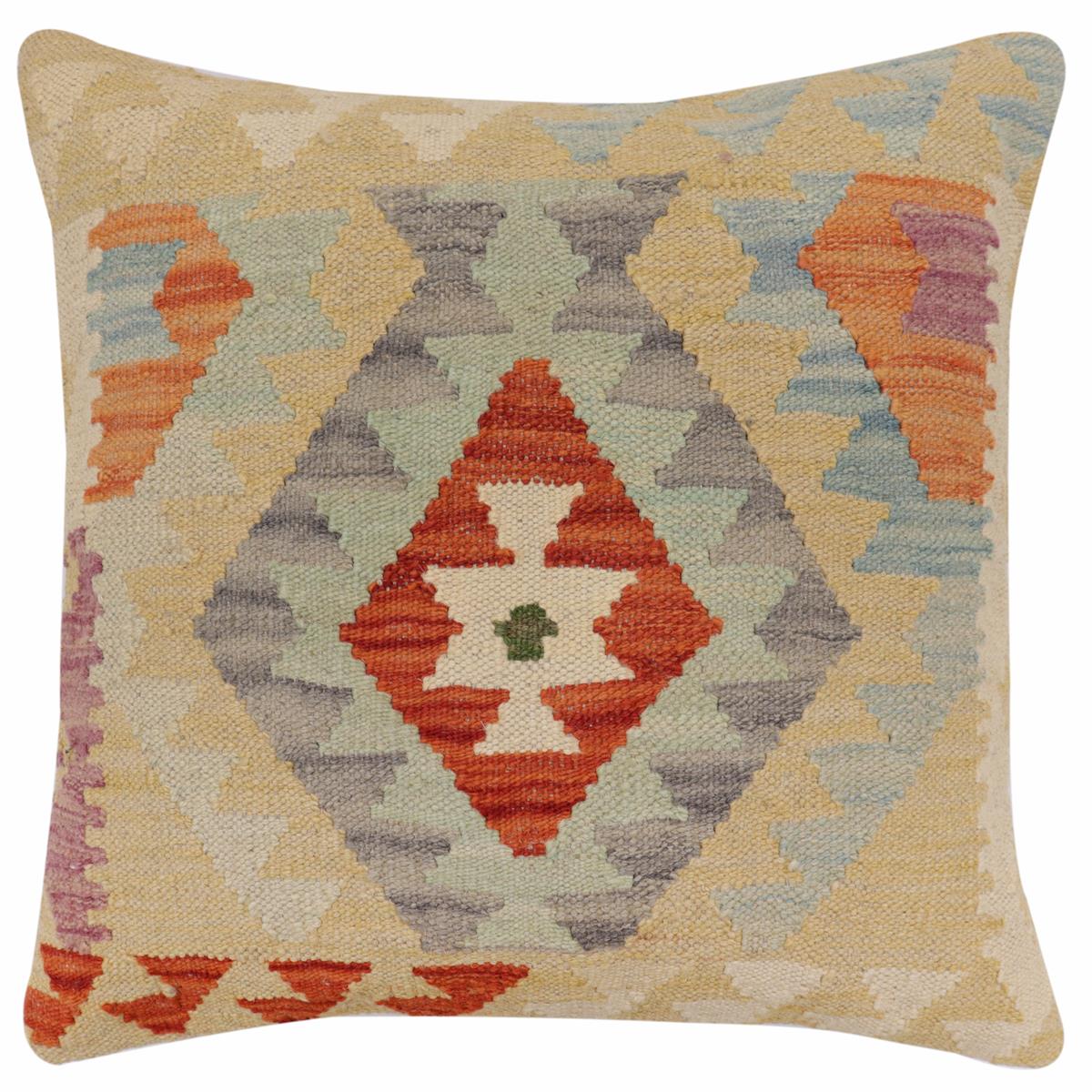 18x18 hand woven kilim throw pillow in rust, blue and yellow - Southwestern Oneill
