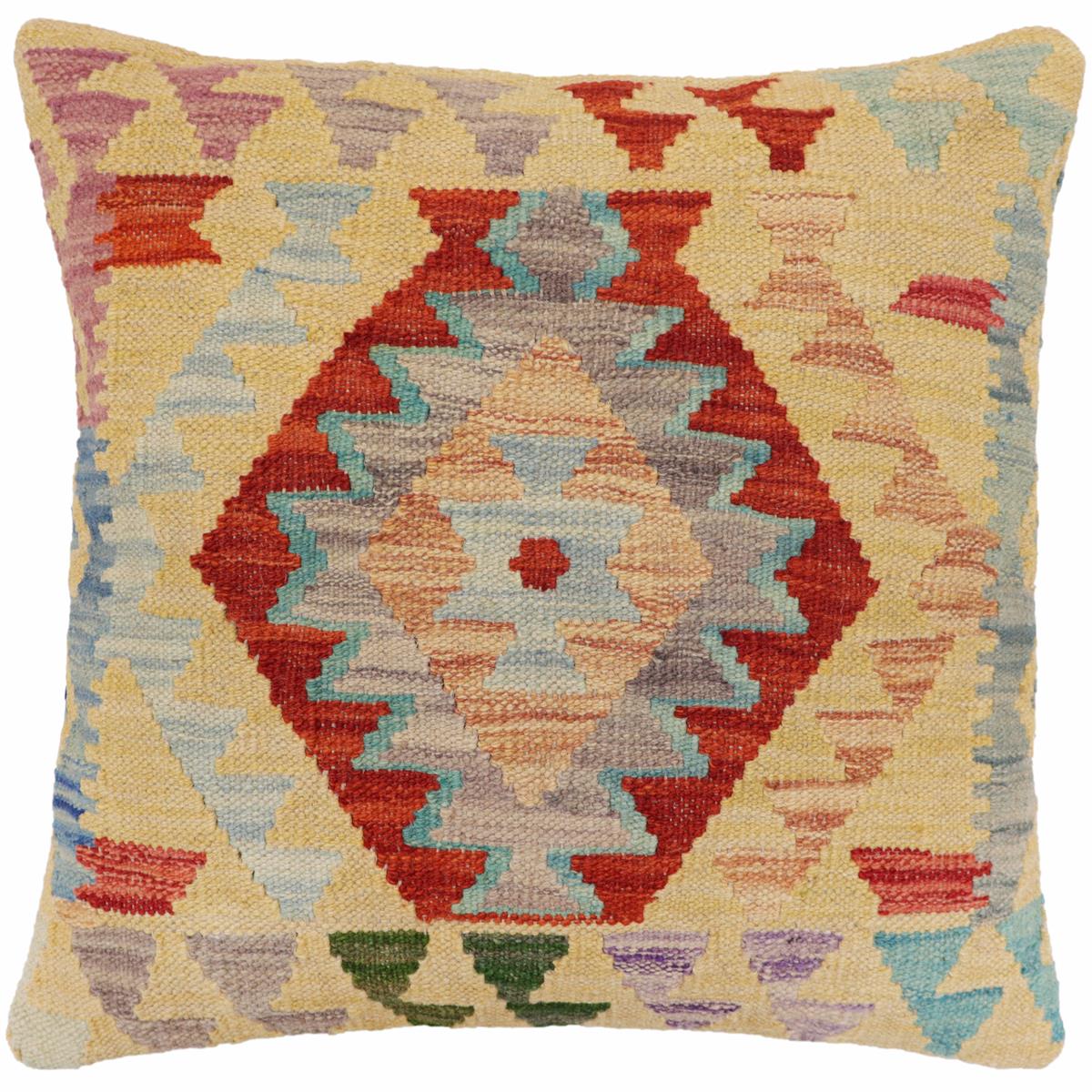 18x18 hand woven kilim throw pillow in rust, blue and yellow - Rustic Munoz