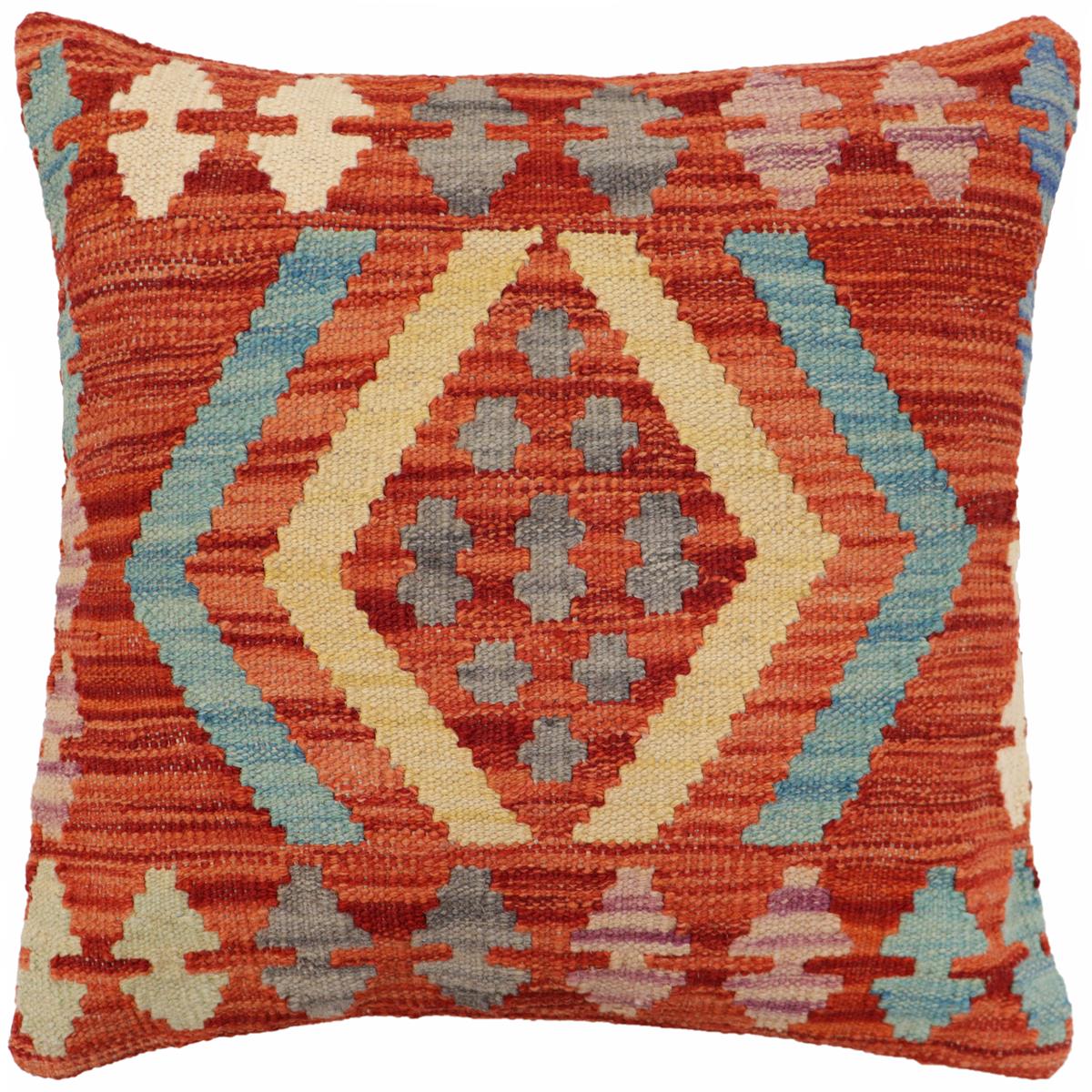 18x18 hand woven kilim throw pillow in rust, blue and gray - Tribal Delgado
