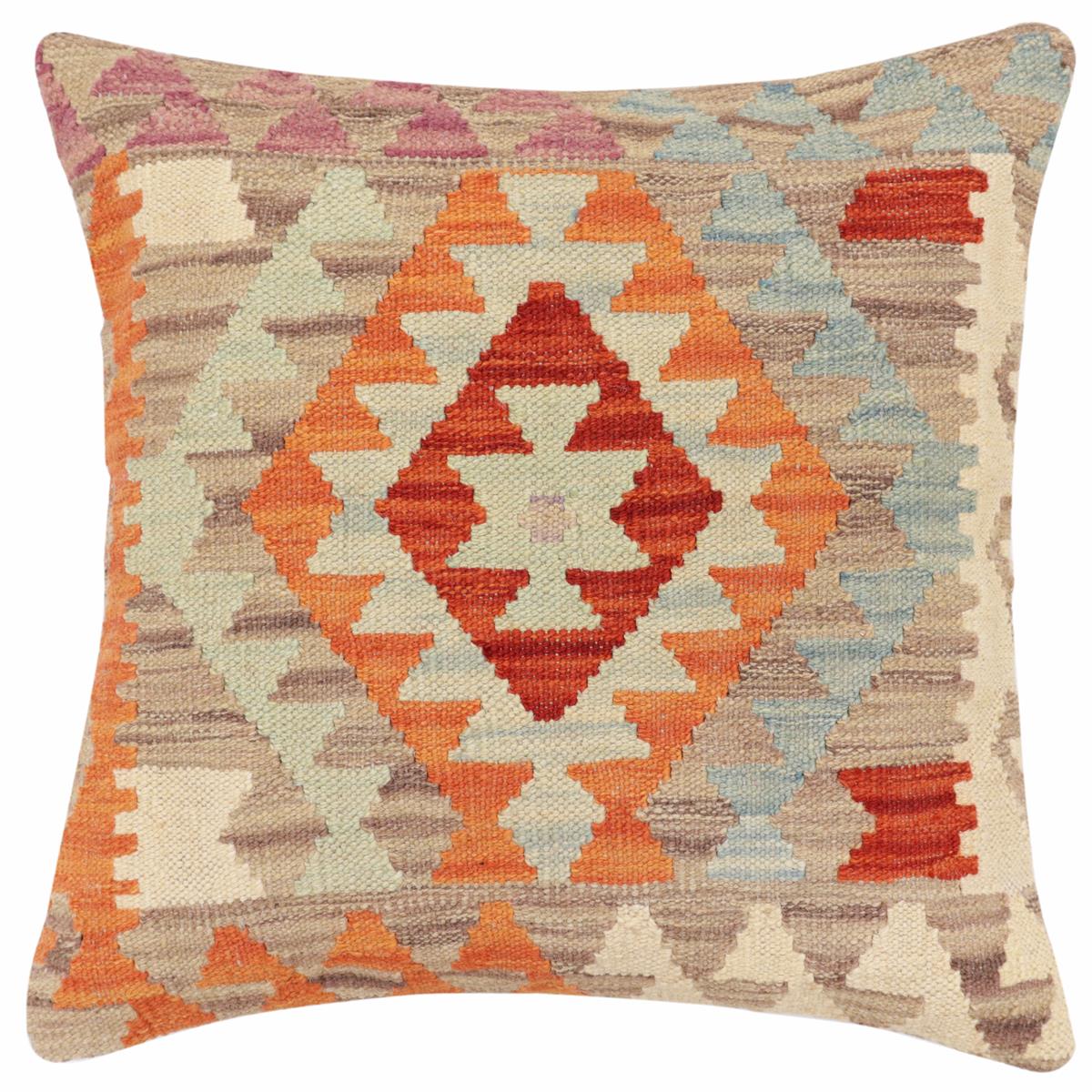 18x18 hand woven kilim throw pillow in rust, blue and beige - Bohemian Montgome