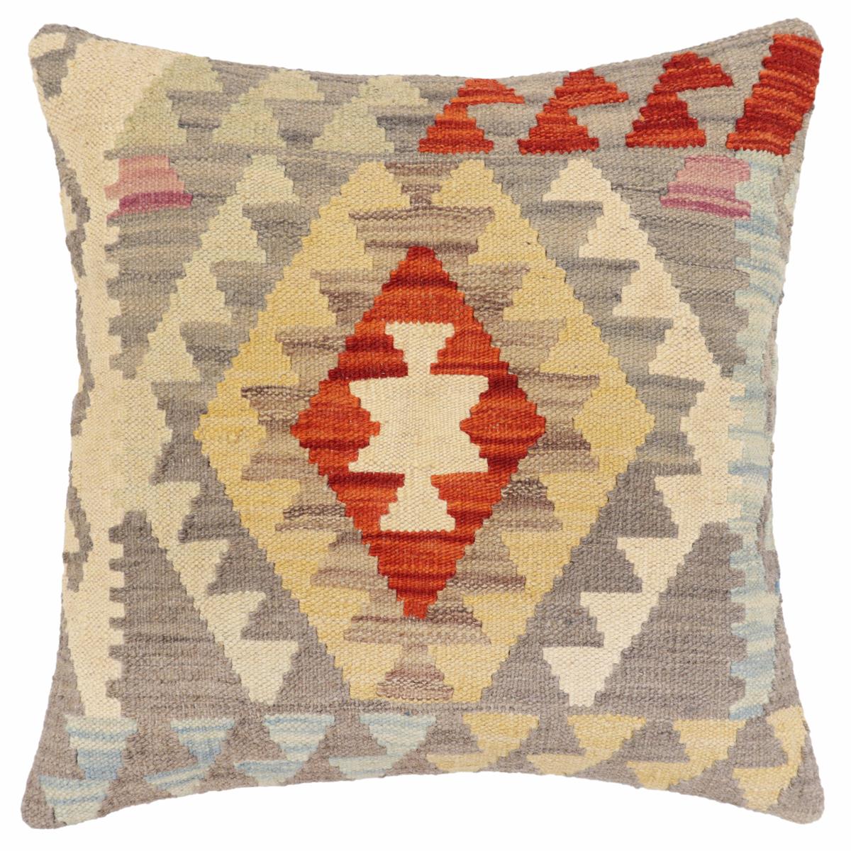 18x18 hand woven kilim throw pillow in gray, rust and blue - Boho Chic Woodard