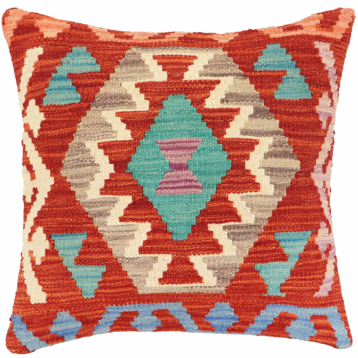 18x18 hand woven kilim throw pillow in rust, blue and beige - Tribal Atkinson
