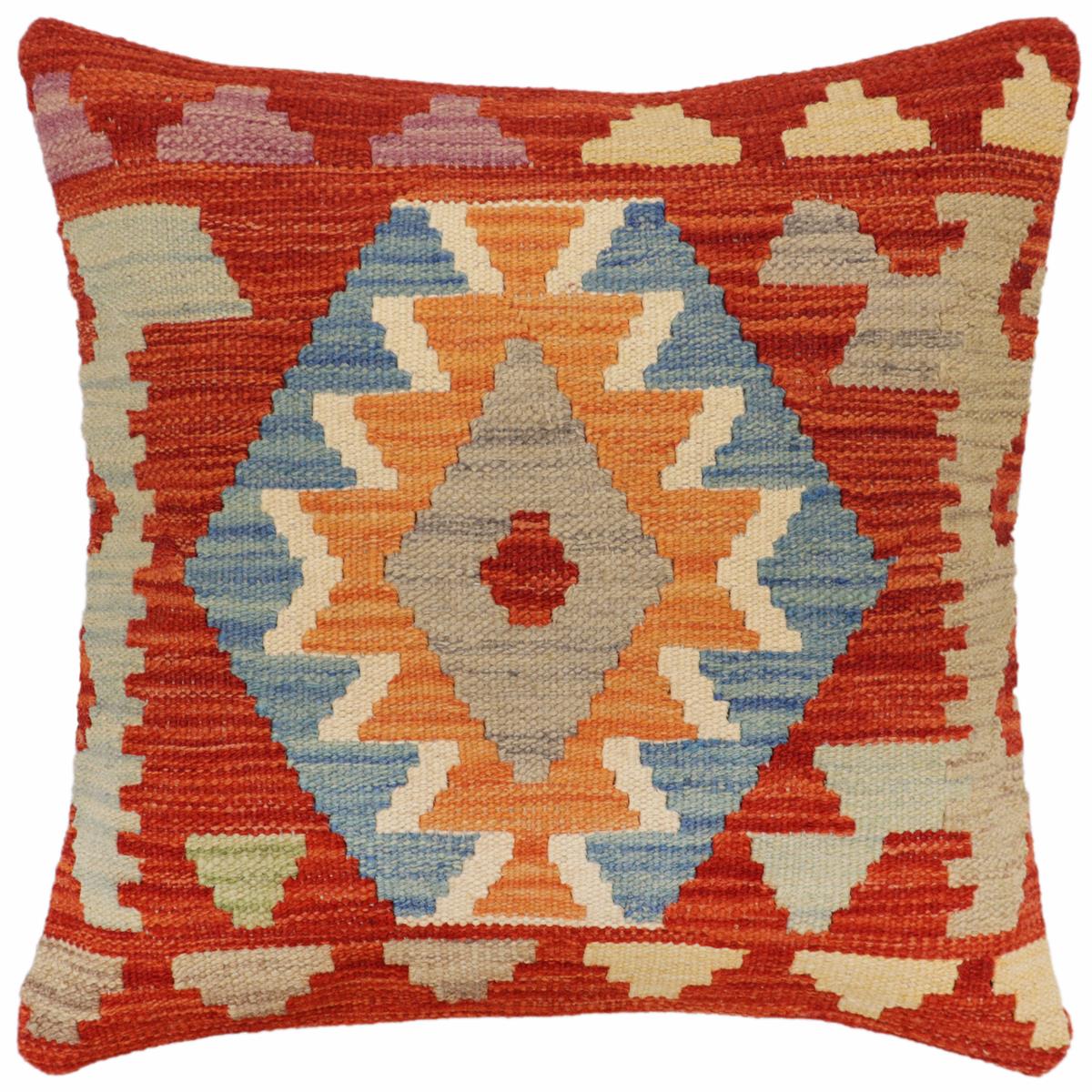 18x18 hand woven kilim throw pillow in rust, blue and beige - Rustic Schultz