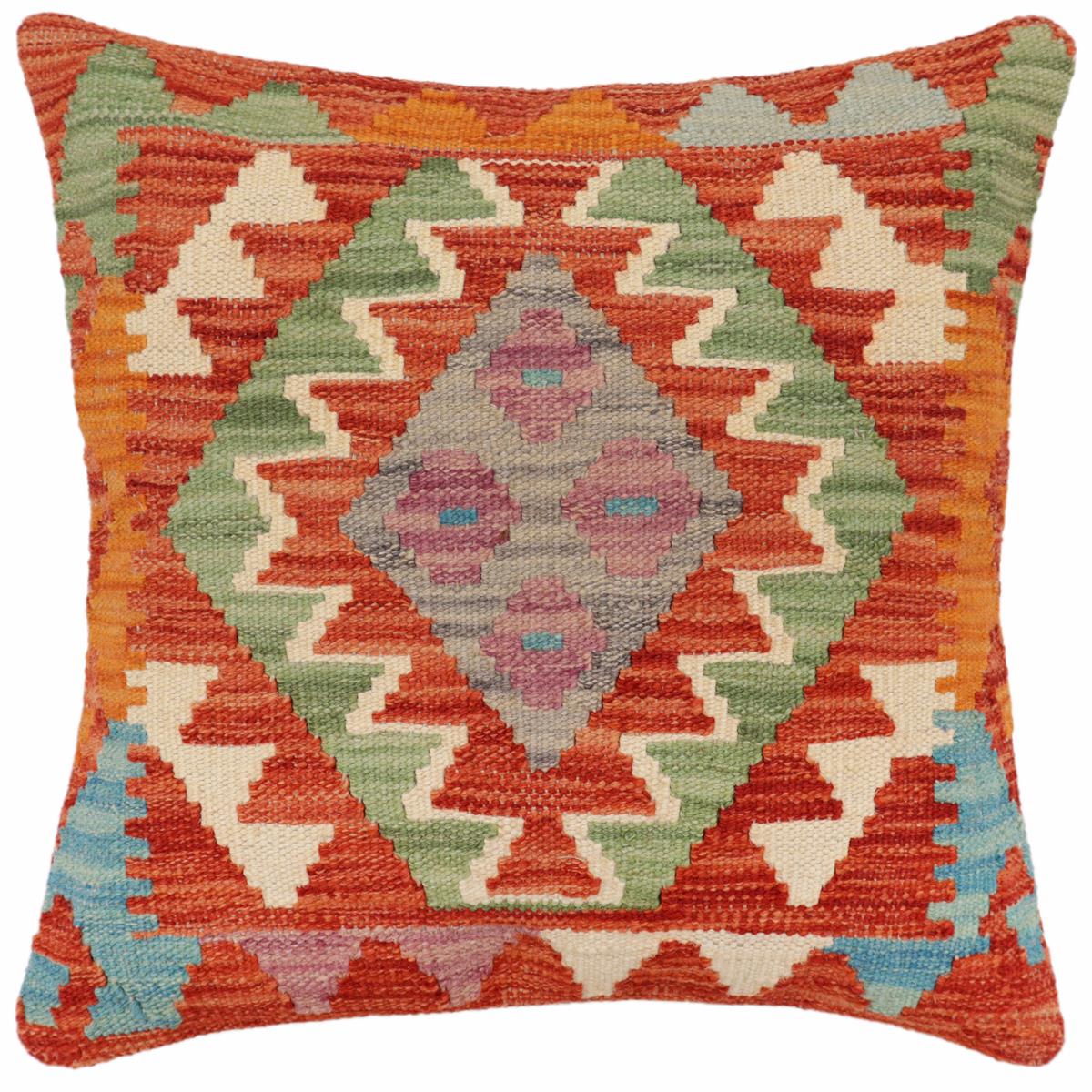 18x18 hand woven kilim throw pillow in rust, blue and gray - Tribal Chang
