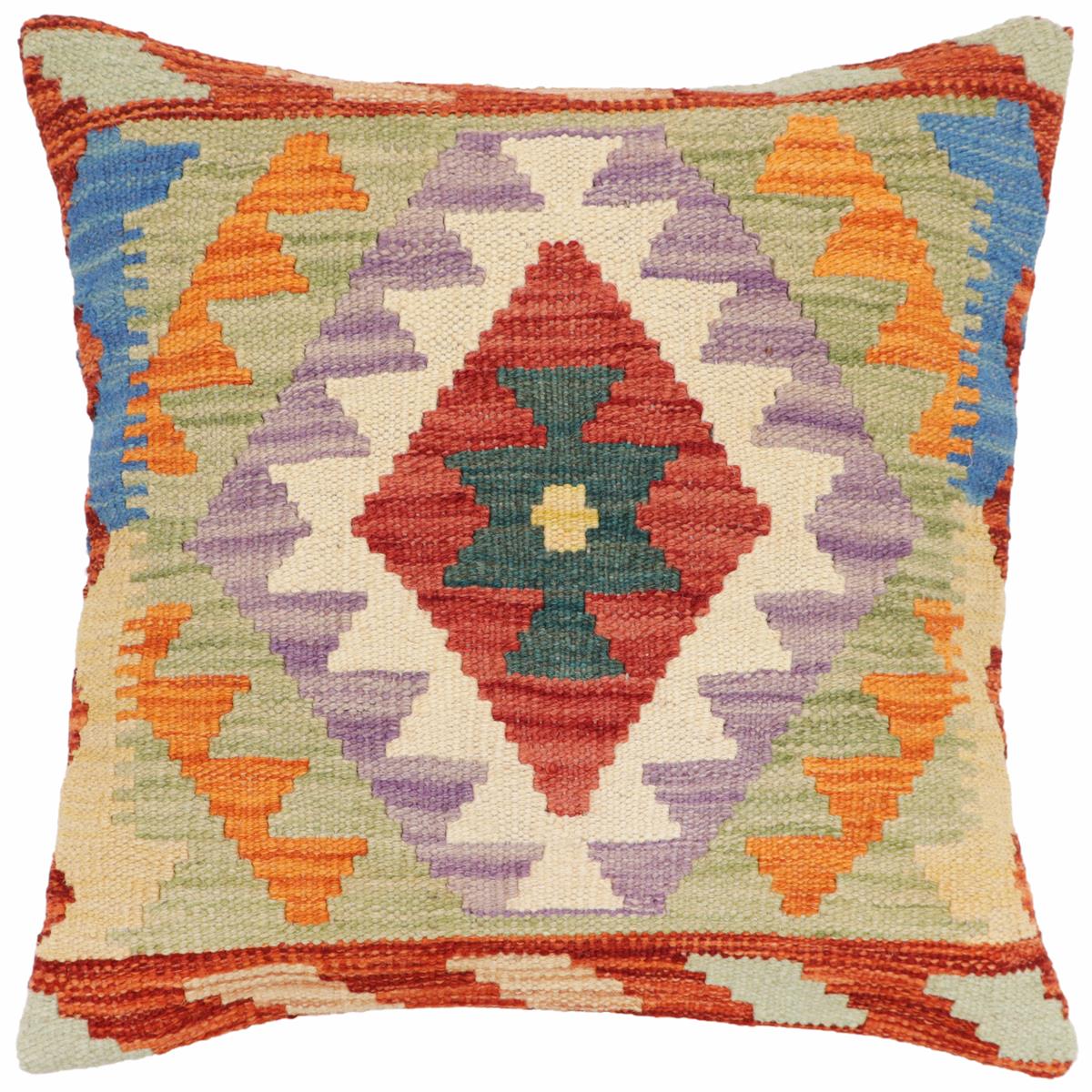 18x18 hand woven kilim throw pillow in rust, blue and red - Tribal Coffey