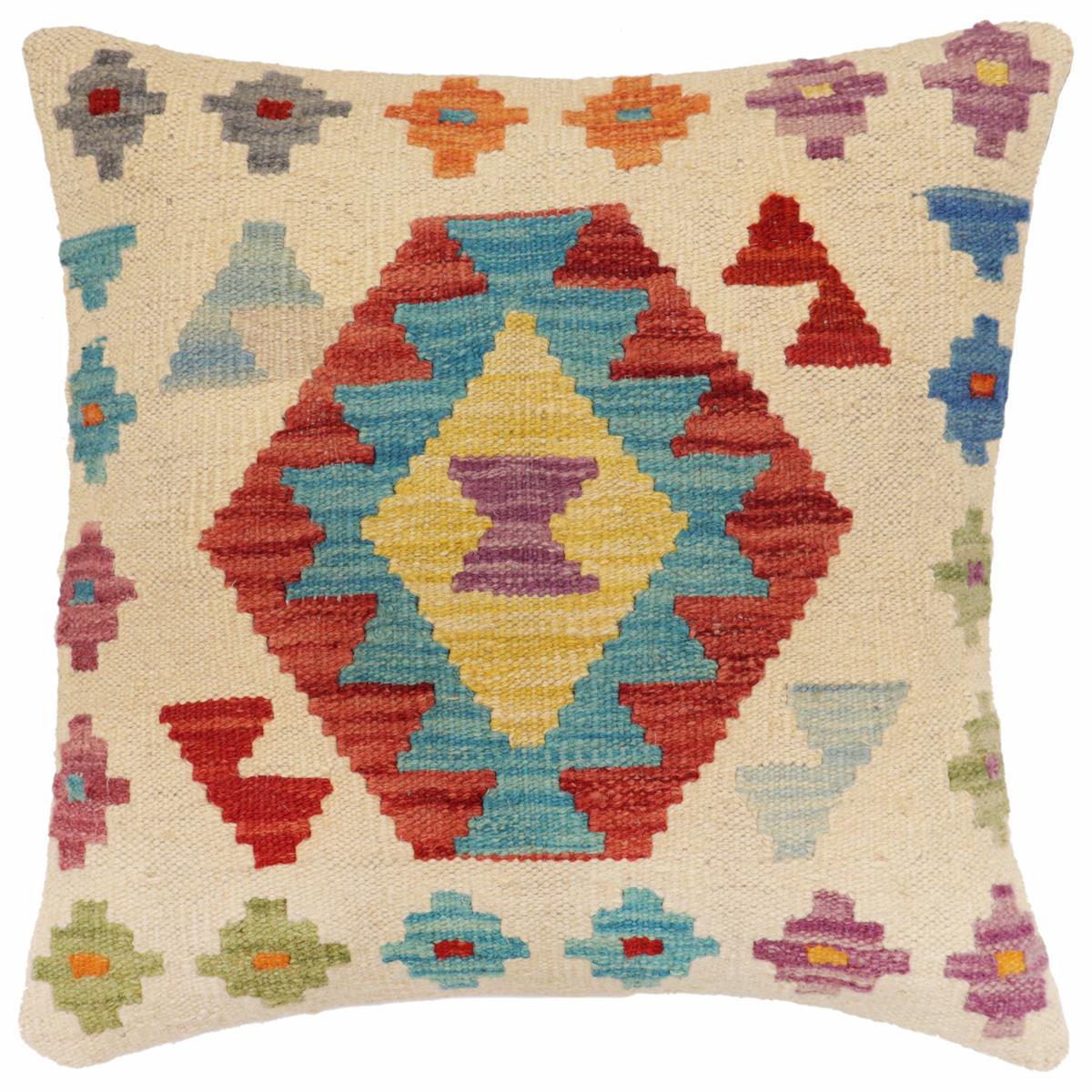 18x18 hand woven kilim throw pillow in beige, red and blue - Boho Chic Jones