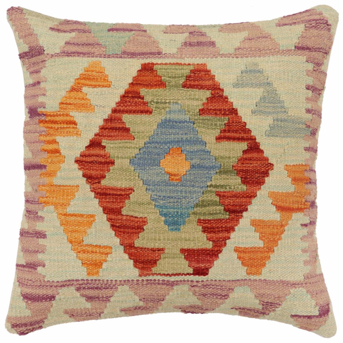 18x18 hand woven kilim throw pillow in rust, blue and purple - Rustic Bernard