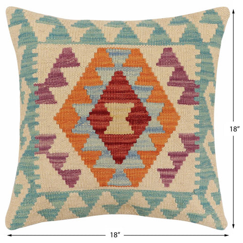 handmade Traditional Pillow Beige Blue Hand-Woven SQUARE 100% WOOL Hand woven turkish pillow2 x 2