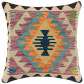 handmade Traditional Pillow Blue Beige Hand-Woven SQUARE 100% WOOL Hand woven turkish pillow2 x 2