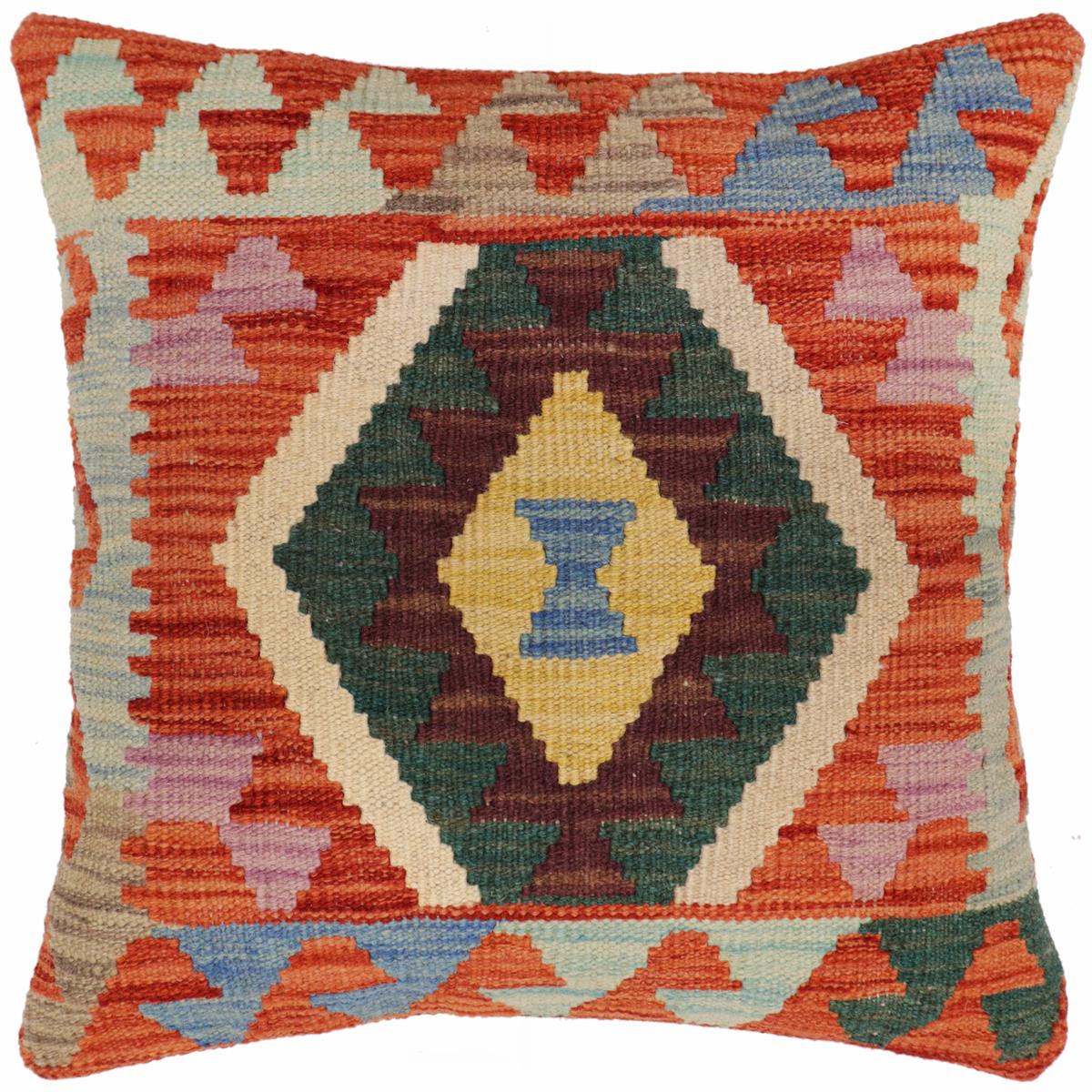 18x18 hand woven kilim throw pillow in rust, blue and beige - Tribal Thornton