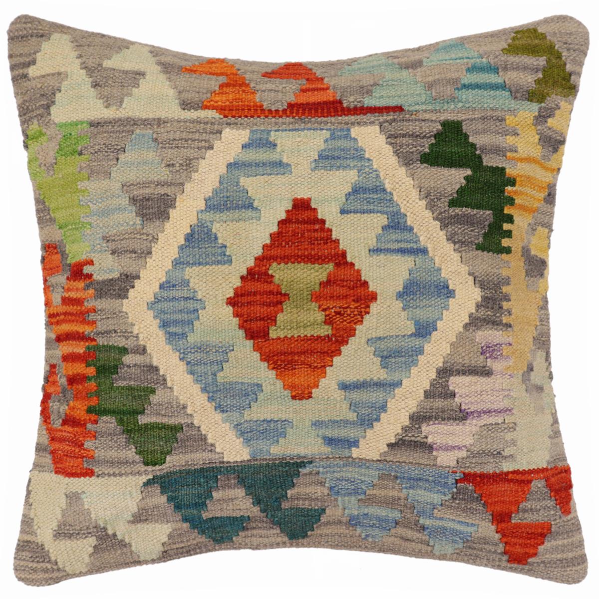 18x18 hand woven kilim throw pillow in gray, rust and blue - Bohemian Irwin