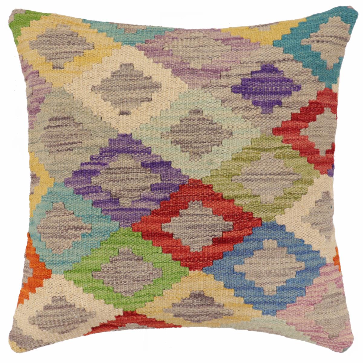 18x18 hand woven kilim throw pillow in blue, red and rust - Rustic Holmes