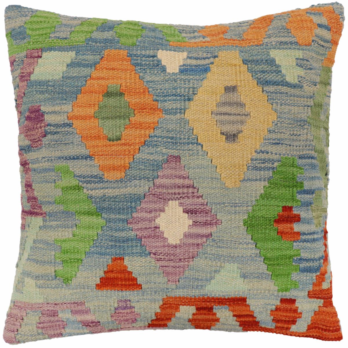 18x18 hand woven kilim throw pillow in blue, rust and green - Tribal Kennedy